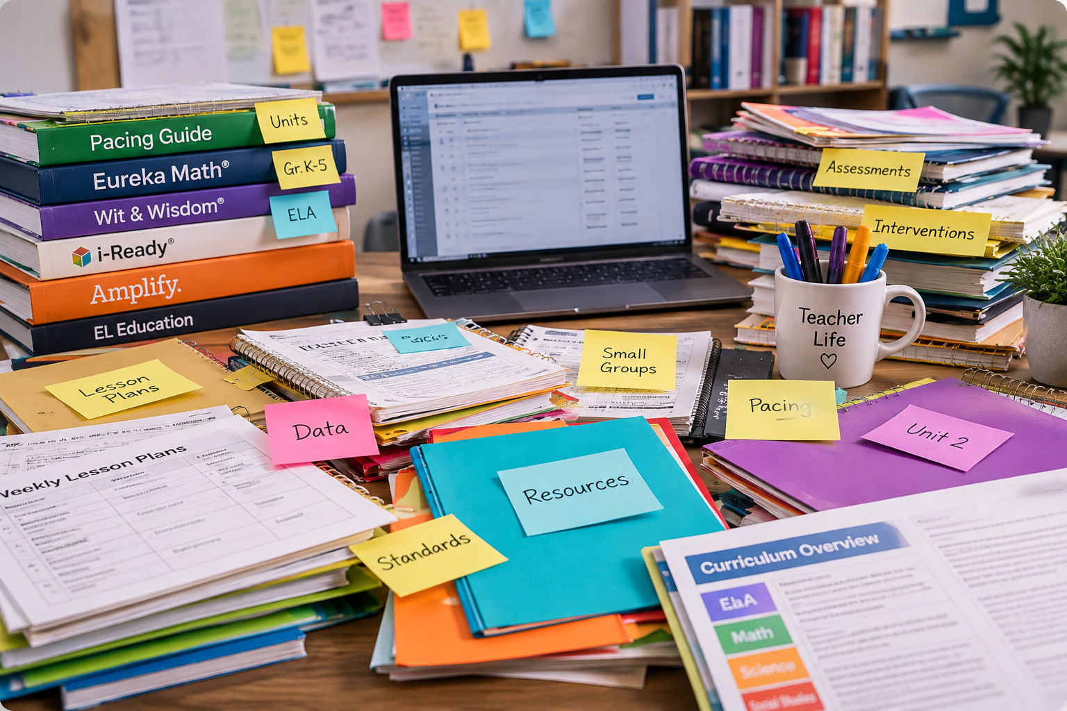 Scattered binders, folders and papers on a desk — disorganized curriculum materials